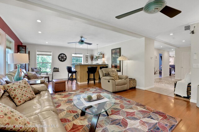 8 Orlich Rd, Red Hook, NY 12571 - living room with a ceiling fan, light wood-style flooring, ornamental molding, recessed lighting, and baseboards