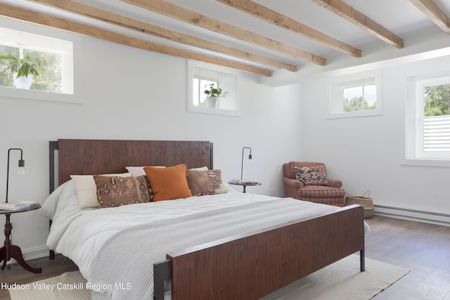 150 Blenheim Hill Rd, Jefferson, NY 12093 - bedroom featuring beam ceiling, a baseboard heating unit, and wood finished floors