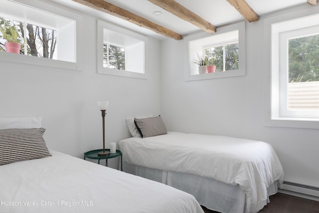 150 Blenheim Hill Rd, Jefferson, NY 12093 - bedroom featuring beam ceiling, a baseboard heating unit, and wood finished floors