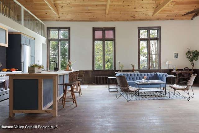 150 Blenheim Hill Rd, Jefferson, NY 12093 - living area featuring radiator, a wood ceiling with exposed beams, and light wood-style flooring
