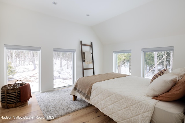 bedroom featuring light wood-type flooring and vaulted ceiling