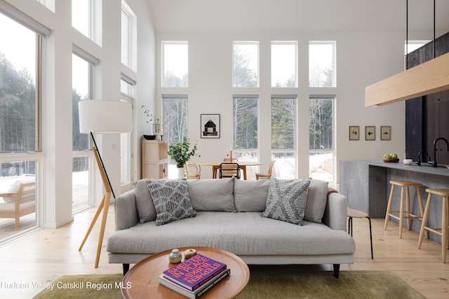 living area featuring light wood-style floors, a healthy amount of sunlight, and a towering ceiling