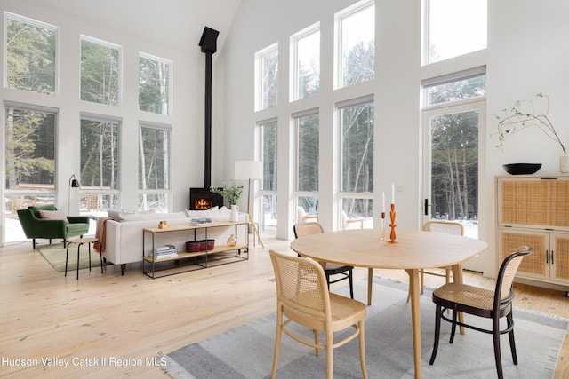 sunroom / solarium with a wood stove