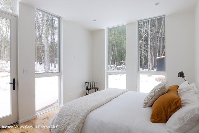 bedroom featuring light wood-style floors and multiple windows