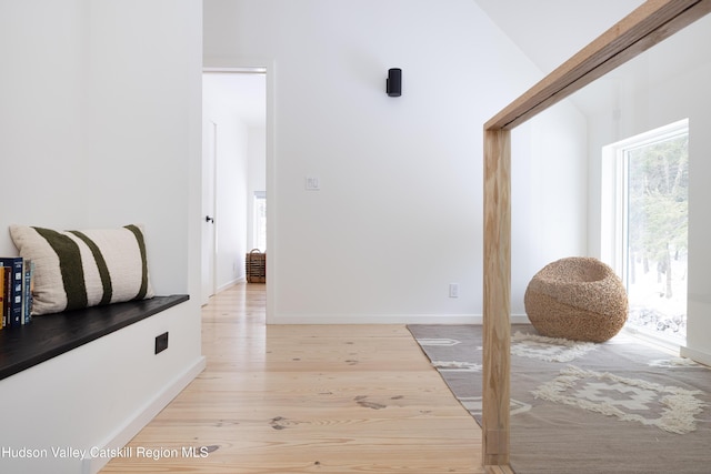 interior space with baseboards, vaulted ceiling, and wood finished floors