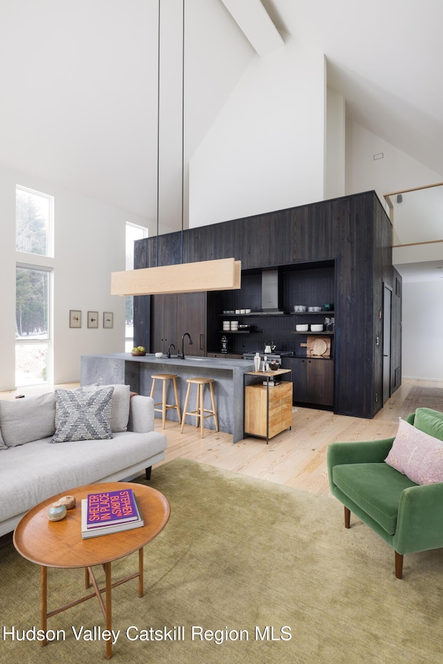 living room with high vaulted ceiling, beamed ceiling, and light wood-style floors