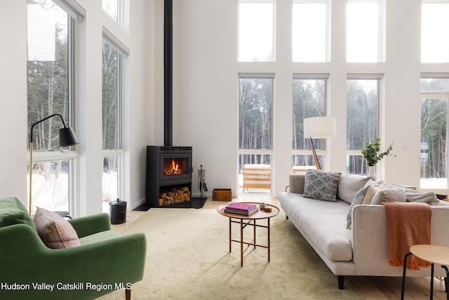 living room featuring a wood stove, a towering ceiling, and wood finished floors