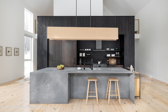 bar featuring light wood-style floors, baseboards, a sink, and a high ceiling