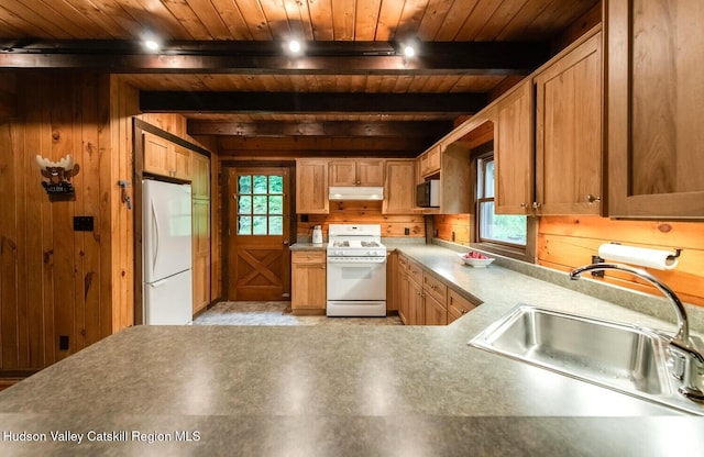 1206 Hollow Rd, Clinton, NY 12514 - kitchen featuring white appliances, wood ceiling with exposed beams, a sink, wooden walls, and under cabinet range hood