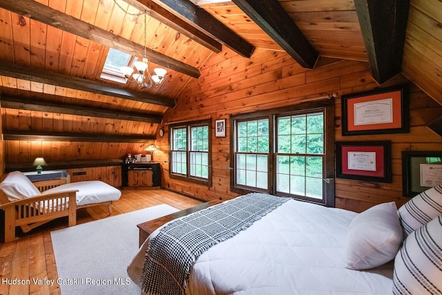 1206 Hollow Rd, Clinton, NY 12514 - bedroom with wood-type flooring, wood walls, wooden ceiling, and a chandelier