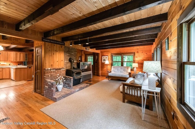 1206 Hollow Rd, Clinton, NY 12514 - living area featuring wood walls, a wood stove, wood ceiling with exposed beams, and light wood-style flooring