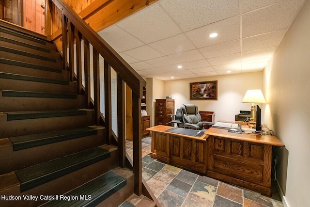 1206 Hollow Rd, Clinton, NY 12514 - office area with stone tile flooring, recessed lighting, and a paneled ceiling