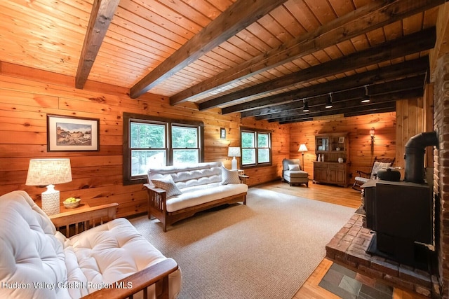 1206 Hollow Rd, Clinton, NY 12514 - living room featuring a wood stove, wood walls, wood finished floors, wooden ceiling with exposed beams, and track lighting