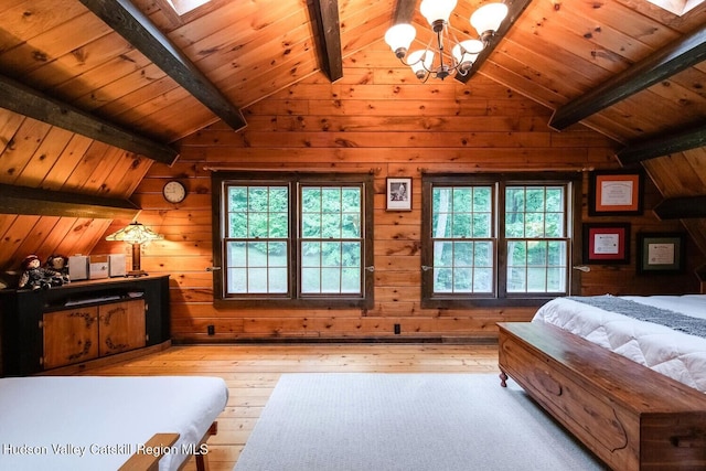 1206 Hollow Rd, Clinton, NY 12514 - bedroom with hardwood / wood-style flooring, a chandelier, wood ceiling, and wood walls