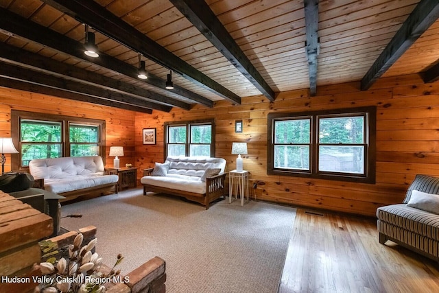 1206 Hollow Rd, Clinton, NY 12514 - bedroom featuring wood ceiling with exposed beams, wood walls, rail lighting, and hardwood / wood-style floors