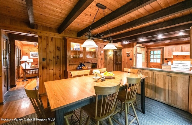 1206 Hollow Rd, Clinton, NY 12514 - dining area featuring wood walls, wood ceiling with exposed beams, and dark wood-style flooring