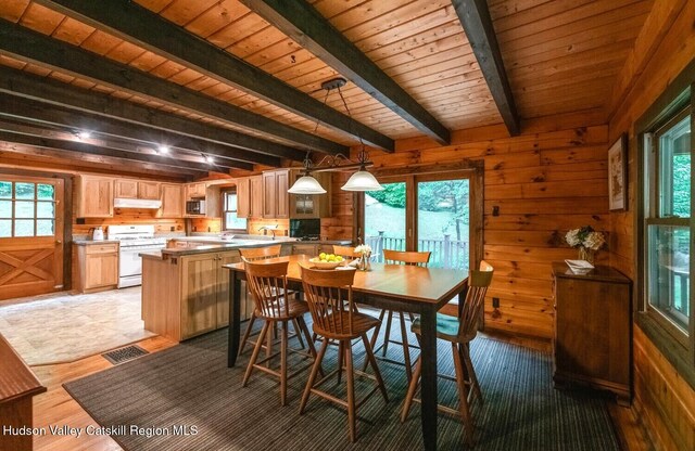 1206 Hollow Rd, Clinton, NY 12514 - dining room featuring wooden walls, wooden ceiling with exposed beams, plenty of natural light, and light wood finished floors
