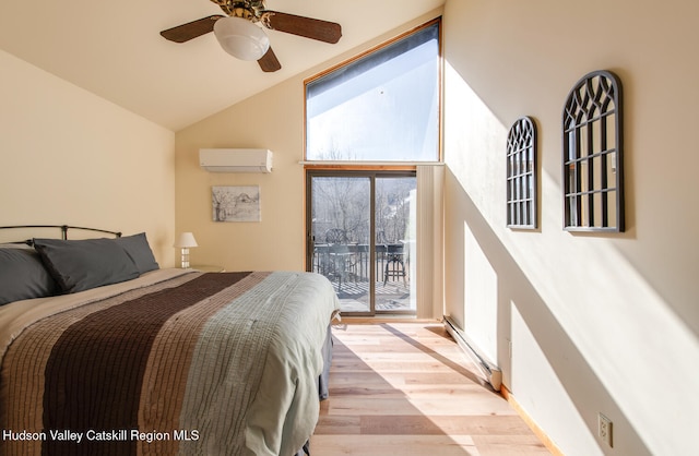 bedroom featuring light wood-type flooring, access to outside, a wall mounted AC, a baseboard heating unit, and ceiling fan