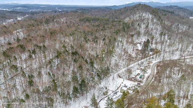 snowy aerial view with a mountain view and a wooded view