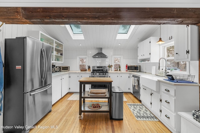 kitchen with wall chimney range hood, tasteful backsplash, a sink, a skylight, and appliances with stainless steel finishes