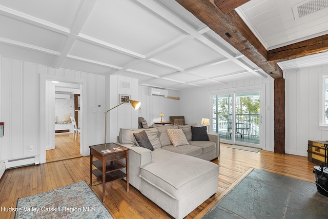 living area featuring visible vents, coffered ceiling, wood finished floors, and beamed ceiling