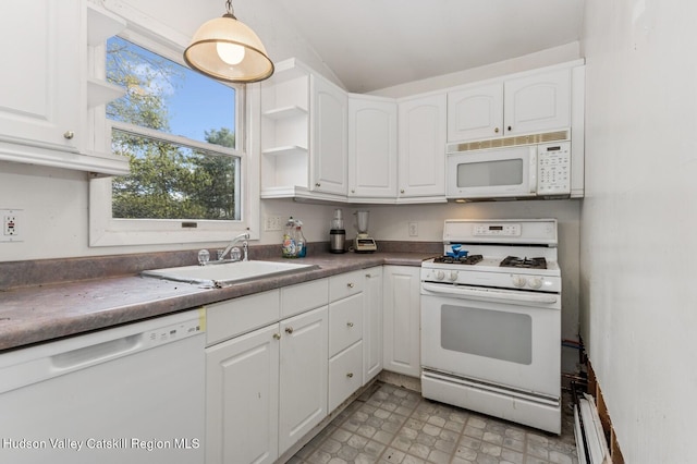 kitchen featuring open shelves, white cabinetry, a sink, and white appliances