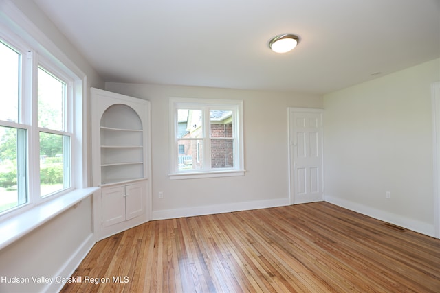 empty room with baseboards, a wealth of natural light, and light wood-style floors