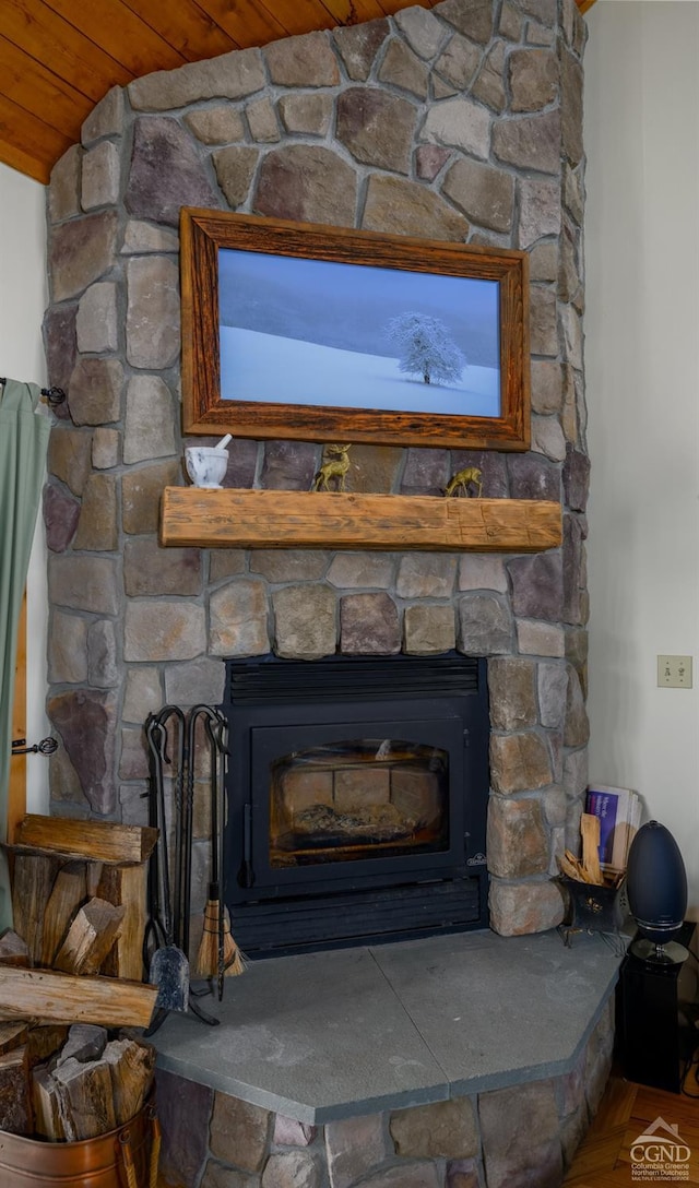 detailed view of wood ceiling and a fireplace
