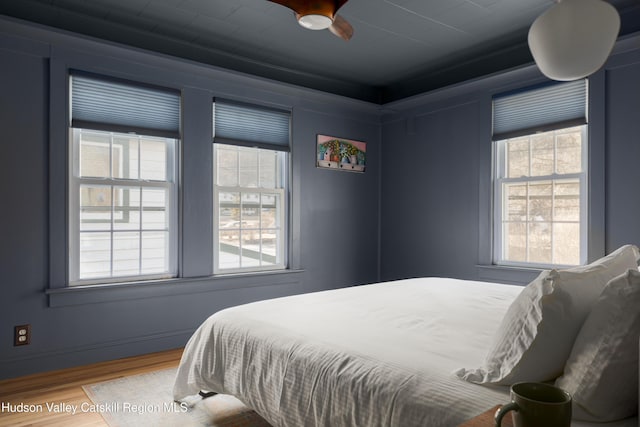 bedroom featuring ceiling fan and wood-type flooring