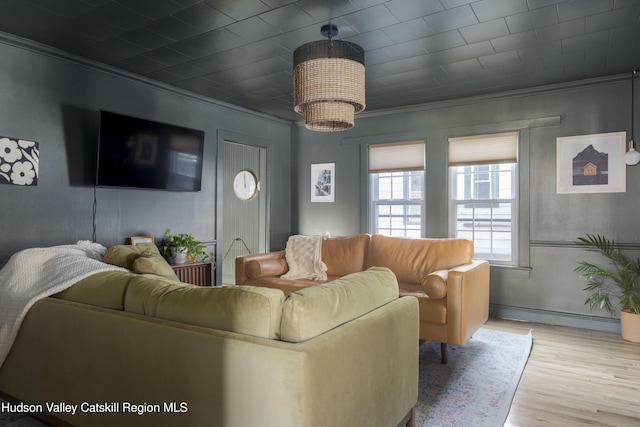 living room featuring a baseboard radiator, light wood-type flooring, and ornamental molding