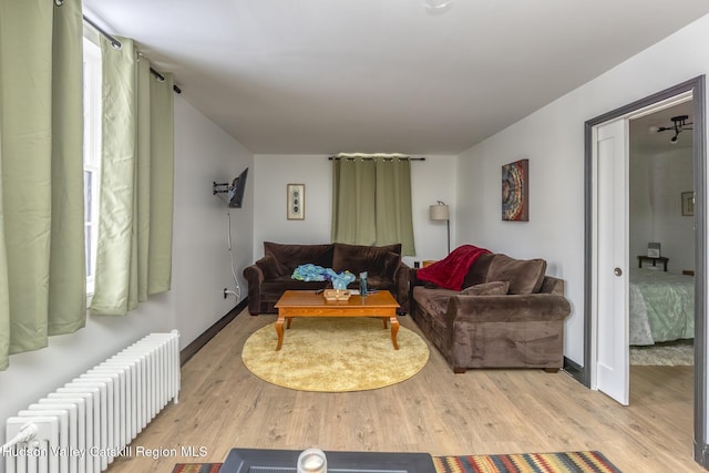 living area with radiator heating unit and light wood-style floors