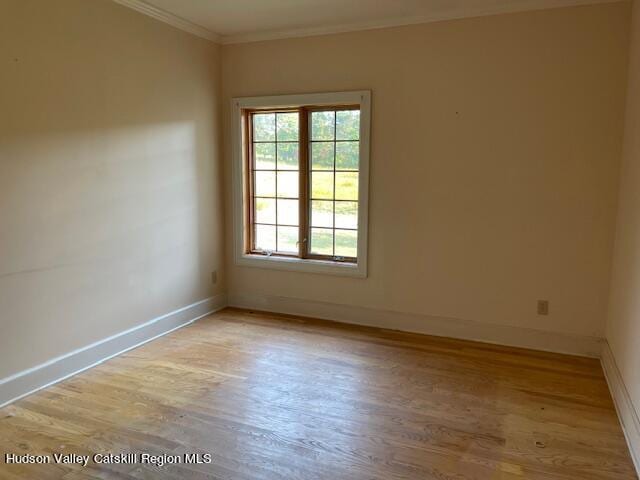 spare room featuring crown molding and light hardwood / wood-style flooring