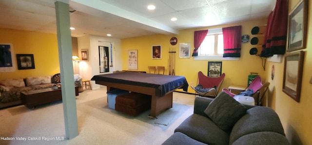 176 Rusk Hollow Rd, Hunter, NY 12442 - game room featuring pool table, light colored carpet, and recessed lighting