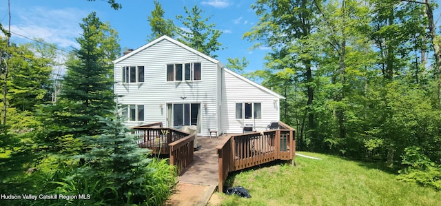 176 Rusk Hollow Rd, Hunter, NY 12442 - rear view of property with a lawn and a deck