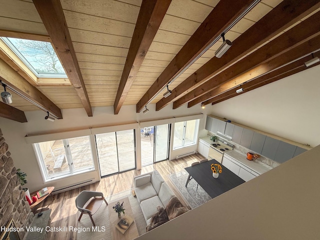 living area featuring a skylight, wooden ceiling, beamed ceiling, and light wood-type flooring