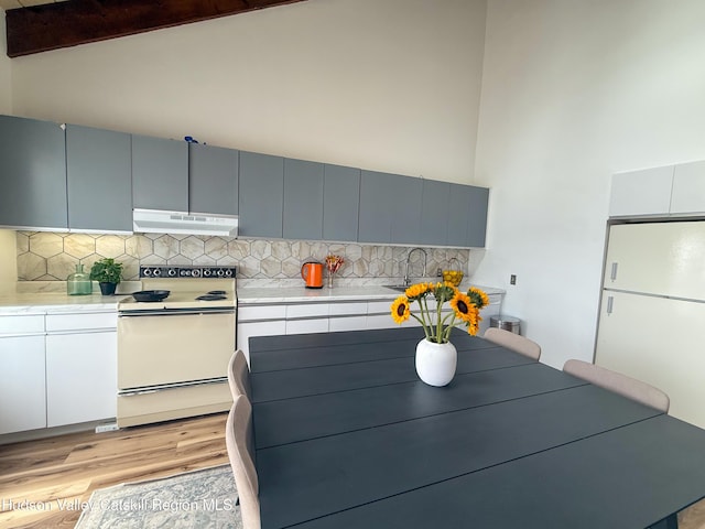 kitchen featuring white appliances, light wood-type flooring, a sink, and light countertops