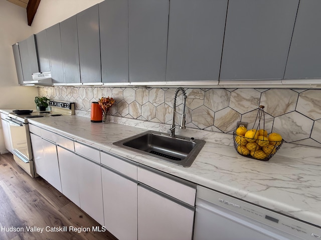 kitchen with wood finished floors, white appliances, under cabinet range hood, tasteful backsplash, and a sink