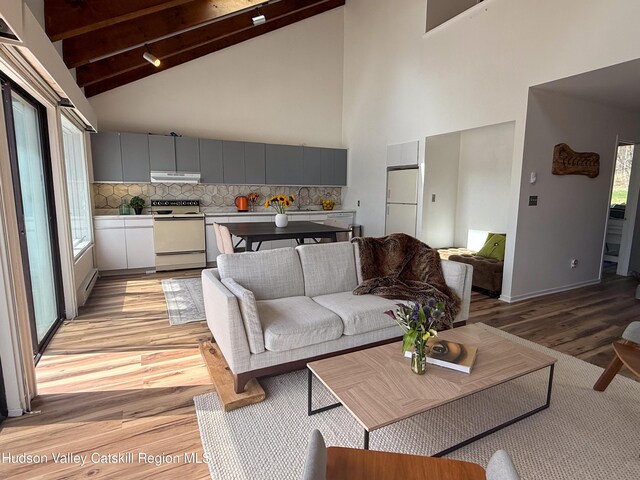 living area featuring beam ceiling, light wood finished floors, high vaulted ceiling, baseboards, and a baseboard heating unit