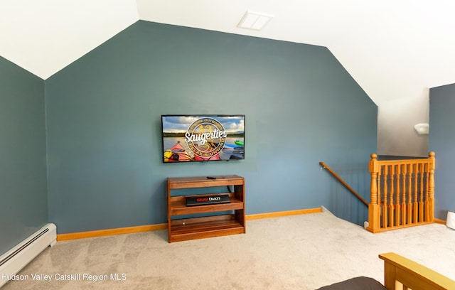 33 Camelot Ct, Saugerties, NY 12477 - stairway with baseboard heating, lofted ceiling, carpet, and baseboards