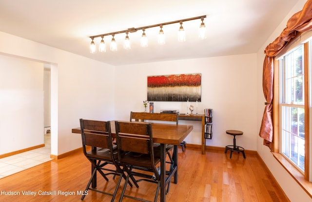 33 Camelot Ct, Saugerties, NY 12477 - dining space featuring light wood-style floors, rail lighting, and baseboards
