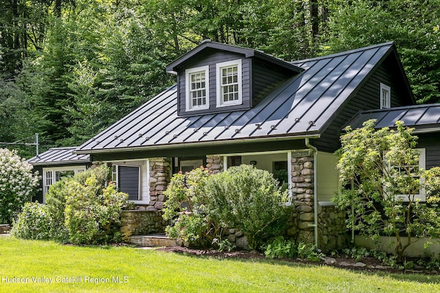 654 Watson Hollow Rd, West Shokan, NY 12494 - view of front of house featuring a standing seam roof, stone siding, and a metal roof