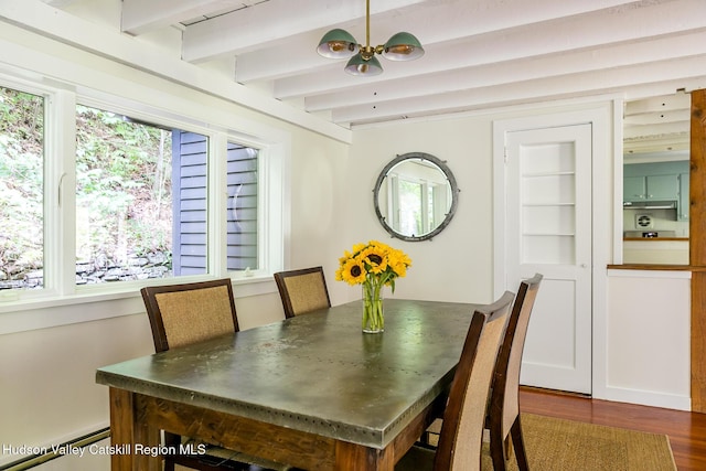 654 Watson Hollow Rd, West Shokan, NY 12494 - dining room featuring healthy amount of natural light, baseboard heating, dark wood-style floors, and beam ceiling