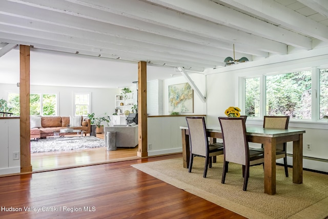 654 Watson Hollow Rd, West Shokan, NY 12494 - dining area featuring beamed ceiling, wood finished floors, and a baseboard radiator