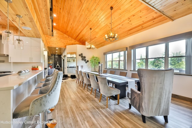 19 Palsgraf Ct, Elka Park, NY 12427 - dining area with wooden ceiling, a chandelier, light wood-type flooring, and high vaulted ceiling