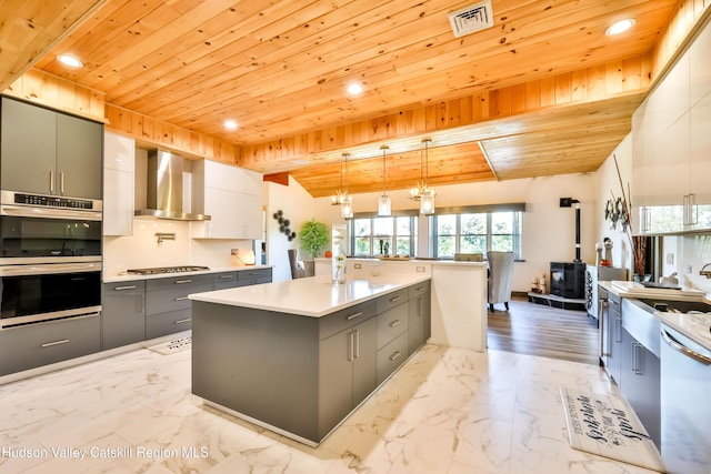 19 Palsgraf Ct, Elka Park, NY 12427 - kitchen with wall chimney exhaust hood, appliances with stainless steel finishes, wood ceiling, a wood stove, and gray cabinets