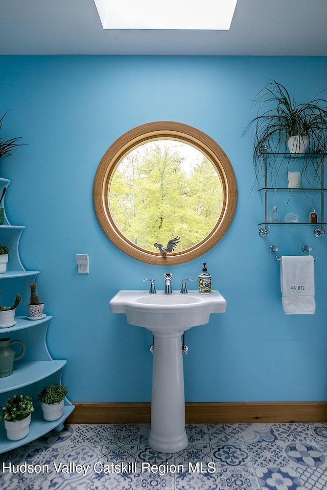 bathroom with a skylight, baseboards, and wood finished floors