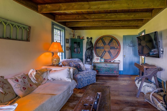 living area featuring wood-type flooring, beam ceiling, and wooden ceiling