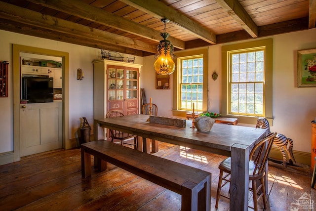 dining room with wood-type flooring, wood ceiling, and beamed ceiling