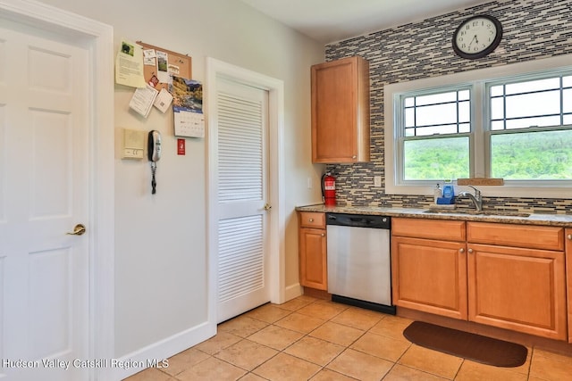 6 Trailside Dr Unit A8, Hunter, NY 12442 - kitchen with dishwasher, backsplash, light tile patterned floors, and light stone counters