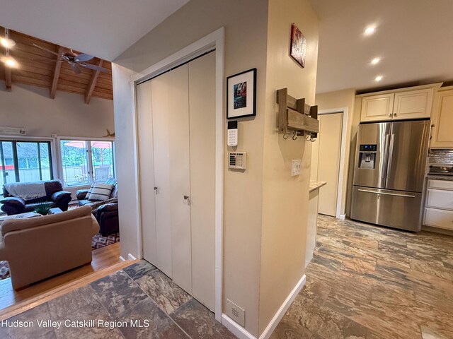 300 Pines Dr Unit 44-6, Roxbury, NY 12474 - kitchen with stainless steel fridge with ice dispenser, ceiling fan, open floor plan, baseboards, and recessed lighting